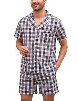Irdcomps Schlafanzug Herren Kurz Pyjama Sets Baumwolle Kurzarm Karierter Shorty Männer Nachtwäsche zum Knöpfen Sommer von Irdcomps