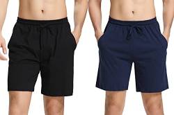 Irdcomps Schlafanzughosen Herren Kurz Pyjamahosen 100% Baumwolle Schlafhosen Schlafshorts Männer Bermudahosen Freizeithosen Shorty Sommer Shorts 2er Pack Nachtwäsche mit Taschen Schwarz Blau XXL von Irdcomps