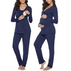 Irdcomps Stillpyjama Damen Winter Umstandspyjama Lang Stillschlafanzug Baumwolle Umstandsschlafanzug Frauen Nachtwäsche Schwangerschaft Langarm Krankenhaus Pyjama Sets Stillfunktion Navyblau L von Irdcomps