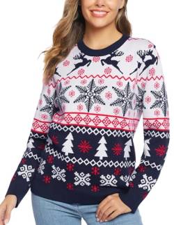 Irdcomps Weihnachtspullover Damen Christmas Sweater Langarm Weihnachtspulli mit Rentiermuster Strickpulli Winter für Weihnachtsparty Blau S von Irdcomps