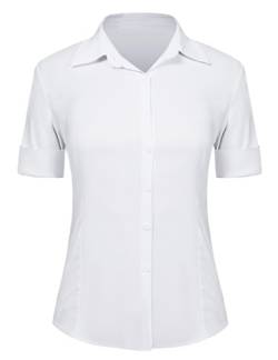 Irevial Damen Bluse Kurzarm Hemd Elegant Hemdbluse Slim Fit Shirt für Business,Weiß,L von Irevial