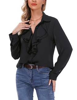 Irevial Damen Elegant Business Chiffonbluse Schluppenshirt T-Shirt mit Einfarbig Langarmshirts Knöpfen Festlich Tops A-Schwarz XL von Irevial