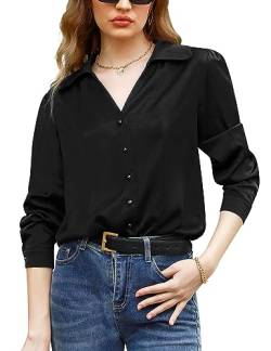 Irevial Damen Hemd V-Ausschnitt Bluse Elegant Langarmshirt Langarm Damenbluse zum Knöpfen von Irevial