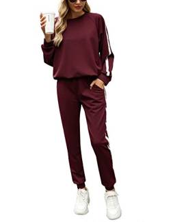 Irevial Damen Irevial Damen Jogginganzug Trainingsanzug Set Freizeitanzug Sportanzug mit Streifen Taschen Fitnessa Sportswear, Weinrot, S EU von Irevial