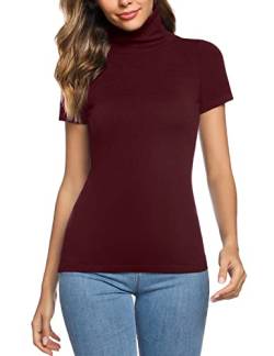 Irevial Damen Irevial Damen T-shirt Elegante Basic Slim Fit Top für Frauen Kurzen Ärmeln mit Stehkragen T Shirt, Weinrot, XXL EU von Irevial