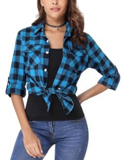 Irevial Damen Karierte Bluse Karo Flanell Hemden Classic Button-down Blusenshirt Langarm Plaid Shirt Oberteile für Frühling und Herbst Blau XXL von Irevial