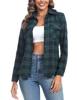 Irevial Damen Karierte Bluse Karo Flanell Hemden Classic Button-down Blusenshirt Langarm Plaid Shirt Oberteile für Frühling und Herbst Grün M von Irevial