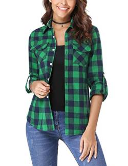 Irevial Damen Karierte Bluse Karo Flanell Hemden Classic Button-down Blusenshirt Langarm Plaid Shirt Oberteile für Frühling und Herbst Grün S von Irevial