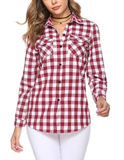 Irevial Damen Karierte Bluse Karo Flanell Hemden Classic Button-down Blusenshirt Langarm Plaid Shirt Oberteile für Frühling und Herbst Rot M von Irevial