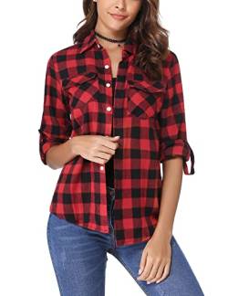 Irevial Damen Karierte Bluse Karo Flanell Hemden Classic Button-down Blusenshirt Langarm Plaid Shirt Oberteile für Frühling und Herbst Rot M von Irevial