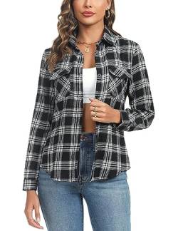 Irevial Damen Karierte Bluse Karo Flanell Hemden Classic Button-down Blusenshirt Langarm Plaid Shirt Oberteile für Frühling und Herbst Schwarz L von Irevial