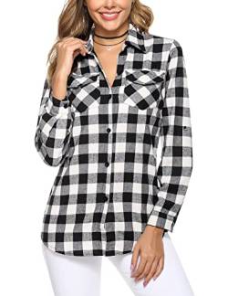 Irevial Damen Karierte Bluse Karo Flanell Hemden Classic Button-down Blusenshirt Langarm Plaid Shirt Oberteile für Frühling und Herbst Schwarz S von Irevial