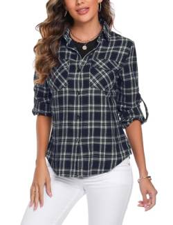 Irevial Damen Kariertes Bluse Casual Karohemd Button-down Langarmshirt Boyfriend-Stil Baumwolle Hemdbluse Plaid Shirt für Frühling und Herbst Blau L von Irevial