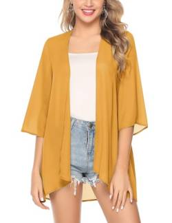 Irevial Damen Kimono Cardigan Chiffon Strand Cover Up Elegante Leichte Sommerjacke für Freizeit Ferien, Einfarbig-Gelb, M von Irevial