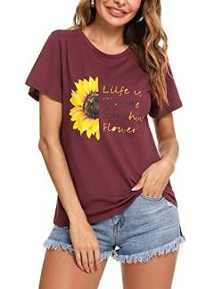 Irevial Damen Kurz Sommer Shirt Baumwolle Lässig T Shirts Kurzarm Oberteil Bluse mit Aufdruck Sonnenblume,A-Rotwein,L von Irevial