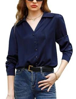 Irevial Damen Satin Vintage V-Ausschnitt Bluse Elegant Langarm Casual Oberteile Hemd Lose Langarmshirt Tops B-Marine XXL von Irevial