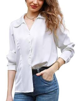 Irevial Damen Satin Vintage V-Ausschnitt Bluse Elegant Langarm Casual Oberteile Hemd Lose Langarmshirt Tops B-Weiß L von Irevial