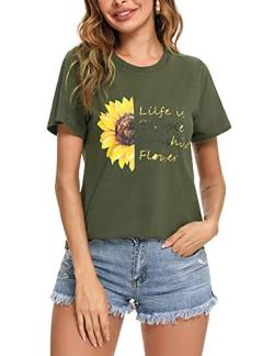 Irevial Damen Sommer Kurzarm, Damen Lässig T-Shirt Pusteblume Druck T-Shirt Lose Rundhals Frauen Einfarbig Casual Brief Bedruckt Basic Oberteile Elegant Top Armeegrün-XXL von Irevial