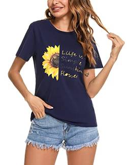 Irevial Damen Sommer Kurzarm, Damen Lässig T-Shirt Pusteblume Druck T-Shirt Lose Rundhals Frauen Einfarbig Casual Brief Bedruckt Basic Oberteile Elegant Top Navy blau-XXL von Irevial