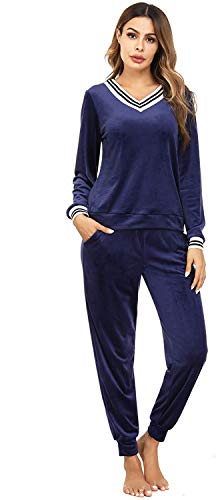 Irevial Damen Velours Lang Winter Weich Pyjama Anzug Set Navy, L Schlafanzug, Marineblau, 42 von Irevial
