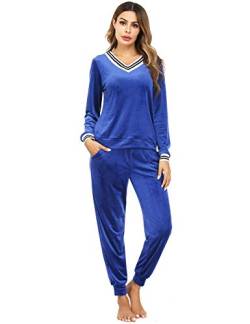 Irevial Damen Zweiteiliger Pyjama Set Nicki Langarm Nachtwäsche und Pyjamahose Blau S Schlafanzug, X-Blue, 36 von Irevial