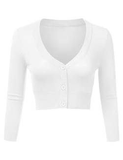 Irevial Strickjacke Damen Elegante Bolero Kurz Gestrickt Jäckchen V- Ausschnitt Bolerojacke Langarm Schulterjacke mit Knöpfen Weiß S von Irevial