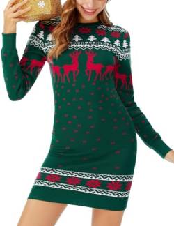 Irevial Strickkleid Damen Rundhals Pullikleid Weihnachtskleid Langer Pulloverkleid Frauen Kleider Pullover Rippstrick Wickelkleid Schneeflocken Muster Bequem Für Winter Freizeit Party M Grün von Irevial