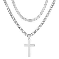 Irikdescia 2 Stück Kreuz-Halskette, Layering-Halsketten, Geschichtete Kubanische Gliederkette, Kreuz-Anhänger-Halskette, für Männer, Jungen, Modeschmuck, Geschenke (Silber) von Irikdescia