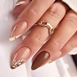 Irikdescia 24 Stück Nägel zum Aufdrücken, Mandelförmige Französische Nagelspitzen, mit Blatt-Weißen Kanten, Künstliche Nägel, mit Gelee-Kleber, für Nagelkunst (Braun) von Irikdescia