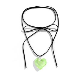 Irikdescia Herz-Choker-Halskette, Y2K-Schmuck, mit Eleganter Geflochtener Schleife, Verstellbar, Schwarze Samtkette, Herz-Anhänger-Halskette, für Mädchen, Frauen(Grün) von Irikdescia