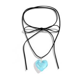 Irikdescia Herz-Choker-Halskette, Y2K-Schmuck, mit Eleganter Geflochtener Schleife, Verstellbar, Schwarze Samtkette, Herz-Anhänger-Halskette, für Mädchen, Frauen(Königsblau) von Irikdescia