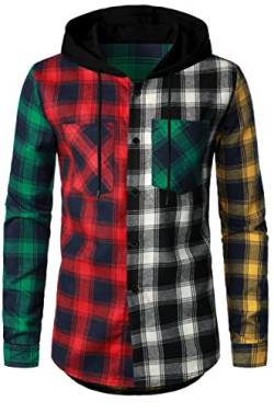 Herren Hemd Kapuzenhemd Kapuzenpullover Langramshirt Kariert Freizeithemd Spleißhülse Shirt(Mehrfarbig A-RD, L) von Iris Sprite