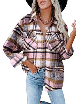 Iris Sprite Flanell Kariertes Hemd für Damen Langarmhemden Button Down Cordhemd Shackets (Kariertes Rosa, XX-Large) von Iris Sprite