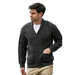 Irish Aran Knitwear 100 % irische Merinowolle Herren Schalkragen Cardigan Pullover mit Taschen | Hergestellt in Irland, Dunkelgrau, Mittel von Irish Aran Knitwear