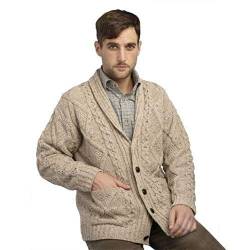 Irish Aran Knitwear 100 % irische Merinowolle Herren Schalkragen Cardigan Pullover mit Taschen | Hergestellt in Irland, Haferflocken (Oatmeal), L von Irish Aran Knitwear