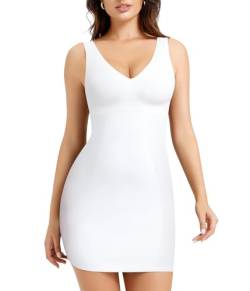 Irisnaya Bauchkontrolle Shapewear V-Ausschnitt Kleid Slip Body Shaper Tank Top Ärmellos Bodycon Mini Party Kleider, Weiss/opulenter Garten, XXL von Irisnaya