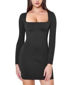 Irisnaya Langärmeliges Kleid für Damen, Shapewear, Bauchkontrolle, figurbetontes Kleid, Slip, nahtlos, quadratischer Ausschnitt, Body Shaper Kleid, Schwarz, Mittel von Irisnaya