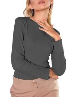 Irypulse Damen Langarmshirt V-Ausschnitt Sexy Casual Langarm Tops Slim Fit Pullover Basic Sanft Frühling Herbst(01-Dunkelgrau-M) von Irypulse