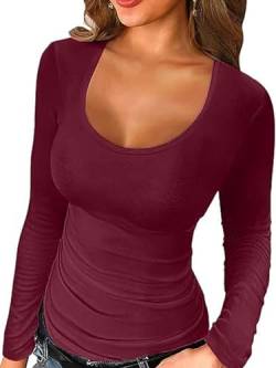 Irypulse Damen Langarmshirt V-Ausschnitt Sexy Casual Langarm Tops Slim Fit Pullover Basic Sanft Frühling Herbst(04-Burgunderrot-L) von Irypulse