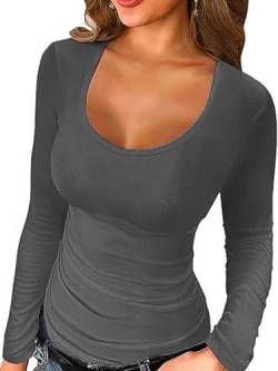 Irypulse Damen Langarmshirt V-Ausschnitt Sexy Casual Langarm Tops Slim Fit Pullover Basic Sanft Frühling Herbst(04-Dunkelgrau-L) von Irypulse