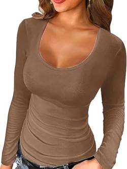 Irypulse Damen Langarmshirt V-Ausschnitt Sexy Casual Langarm Tops Slim Fit Pullover Basic Sanft Frühling Herbst(04-Khaki-S) von Irypulse