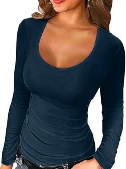 Irypulse Damen Langarmshirt V-Ausschnitt Sexy Casual Langarm Tops Slim Fit Pullover Basic Sanft Frühling Herbst(04-Marineblau-XL) von Irypulse