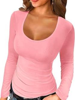 Irypulse Damen Langarmshirt V-Ausschnitt Sexy Casual Langarm Tops Slim Fit Pullover Basic Sanft Frühling Herbst(04-Rosa-S) von Irypulse