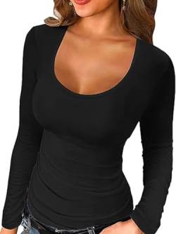 Irypulse Damen Langarmshirt V-Ausschnitt Sexy Casual Langarm Tops Slim Fit Pullover Basic Sanft Frühling Herbst(04-Schwarz-XL) von Irypulse