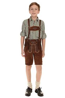 Isar-Trachten Kinder Lederhose kurz Trachtenlederhose Jungen mit Träger und Stickerei 55811 braun Gr.164 von Isar-Trachten