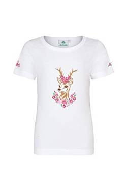 Mädchen T-Shirt mit Glitzer-Steinen, REH- und Blumenstickereien Pink/Weiss Größe 110 von Isar-Trachten