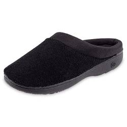 Isotoner Damen Frottee-/Satin-Slipper, gepolstert, mit Memory-Schaum, für Komfort im Innen-und Außenbereich Flache Sandalen, Schwarz, Large von Isotoner