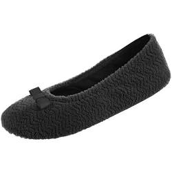 isotoner Damen Chevron Microterry Ballerina Slipper mit feuchtigkeitsableitendem Futter, Schleife und Wildledersohle für Komfort, schwarz, 38/39 EU von Isotoner