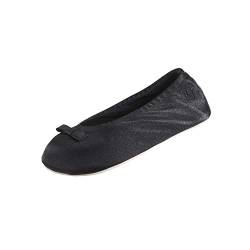 isotoner Damen Satin Ballerina Slipper with Bow, Suede Sole Flache Sandalen, Schwarze Schleife, 41 EU von Isotoner