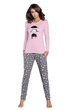 Damen Schlafanzug lang Pyjama Set | Nachtwäsche Hausanzug Langearm Rund Ausschnitt Zweiteiliger Sleepwear M007 (L, Rosa Mehrfarbig) von Italian Fashion IF